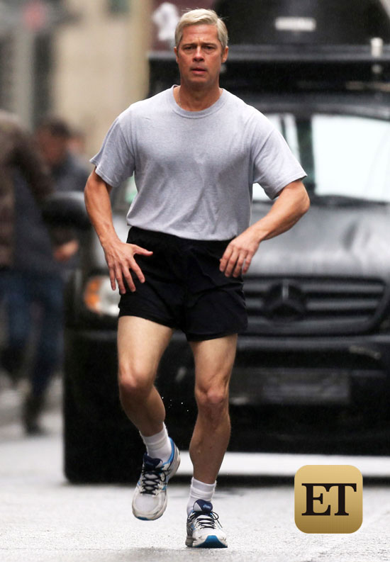 Exclusive... 51960171 Brad Pitt spotted on the set of Netflix's upcoming satirical comedy 'War Machine', in Paris, France on January 31, 2016. The actor is sporting grey hair and some running shorts. FameFlynet, Inc - Beverly Hills, CA, USA - +1 (310) 505-9876 RESTRICTIONS APPLY: USA ONLY
