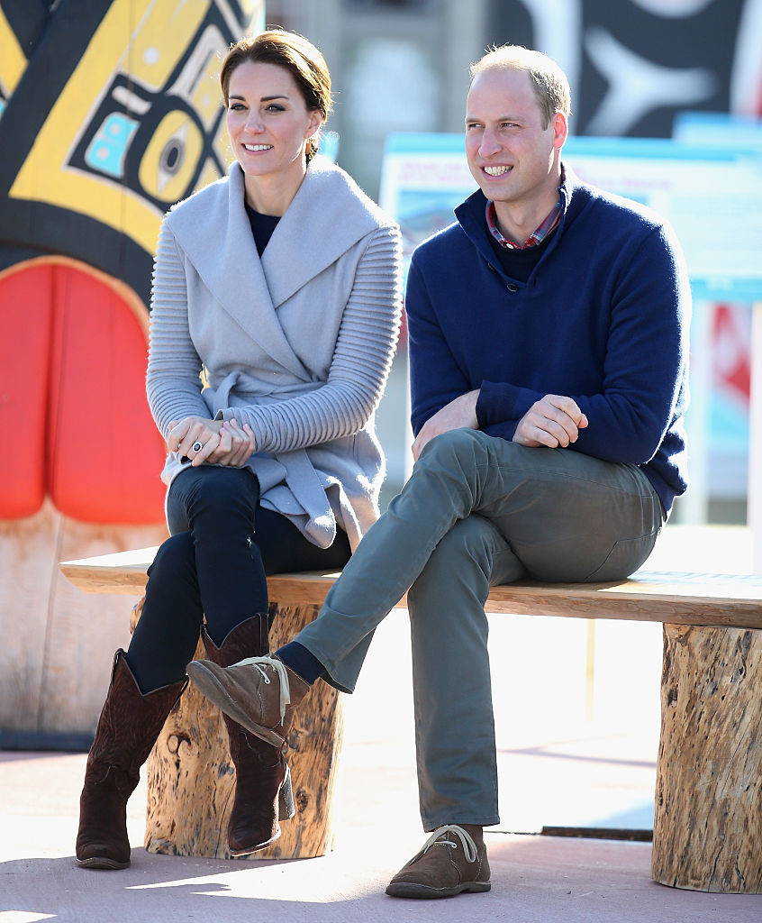 CARCROSS, BC - SEPTEMBER 28: Catherine, Duchess of Cambridge and Prince William, Duke of Cambridge watch a cultural welcome in Carcross during the Royal Tour of Canada on September 28, 2016 in Carcross, Canada. Prince William, Duke of Cambridge, Catherine, Duchess of Cambridge, Prince George and Princess Charlotte are visiting Canada as part of an eight day visit to the country taking in areas such as Bella Bella, Whitehorse and Kelowna (Photo by Chris Jackson/Getty Images)