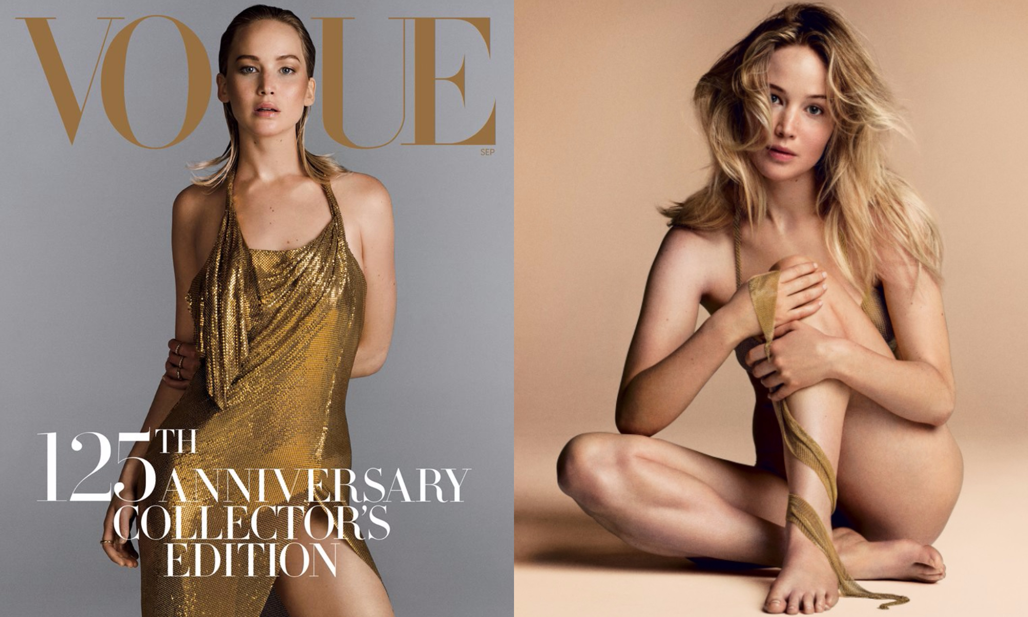 Дженнифер Лоуренс оголилась для юбилейного номера американского Vogue. 