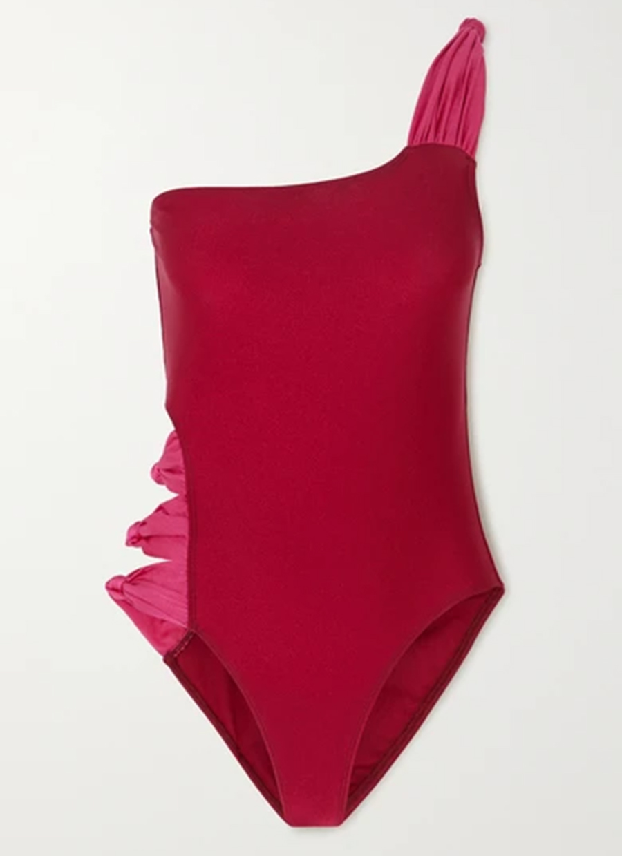 слитный сдельный купальник монокини красный на одно плечо модные купальники лето 2020 