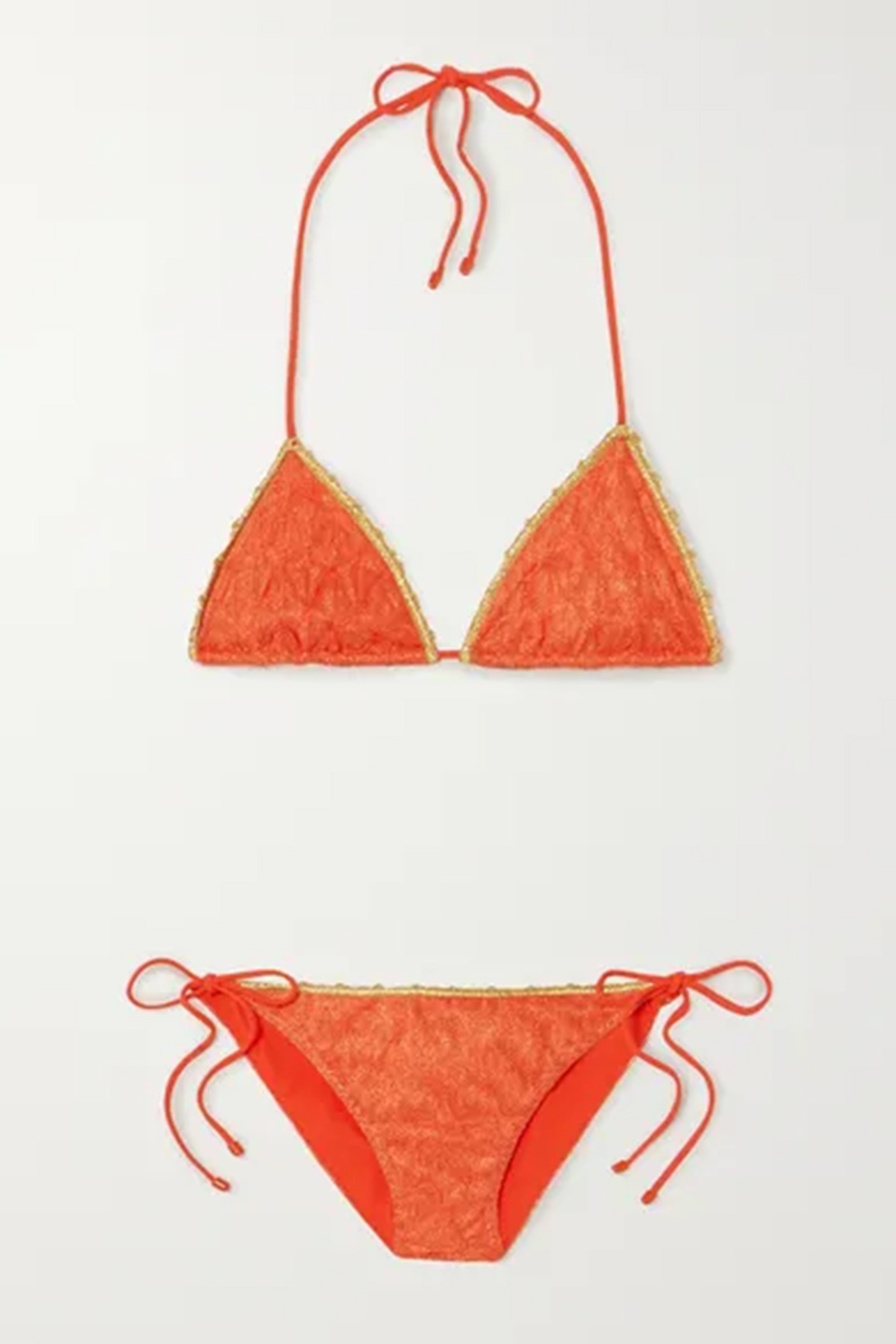 раздельный купальник бикини оранжевый с треугольными плавками на завязках модные купальники лето 2020 