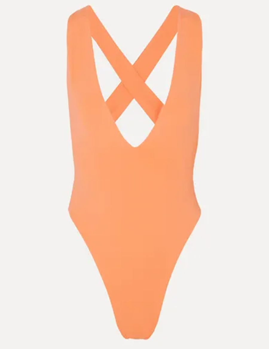 слитный сдельный купальник мнокини оранжевый с высокими плавками модные купальники лето 2020 