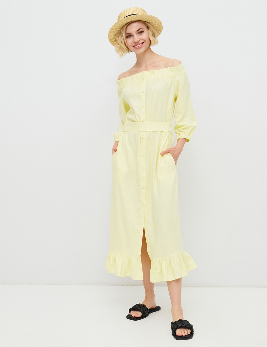 самое модное платье летнее из льна льняное лето 2021 желтое лимонное открытые плечи