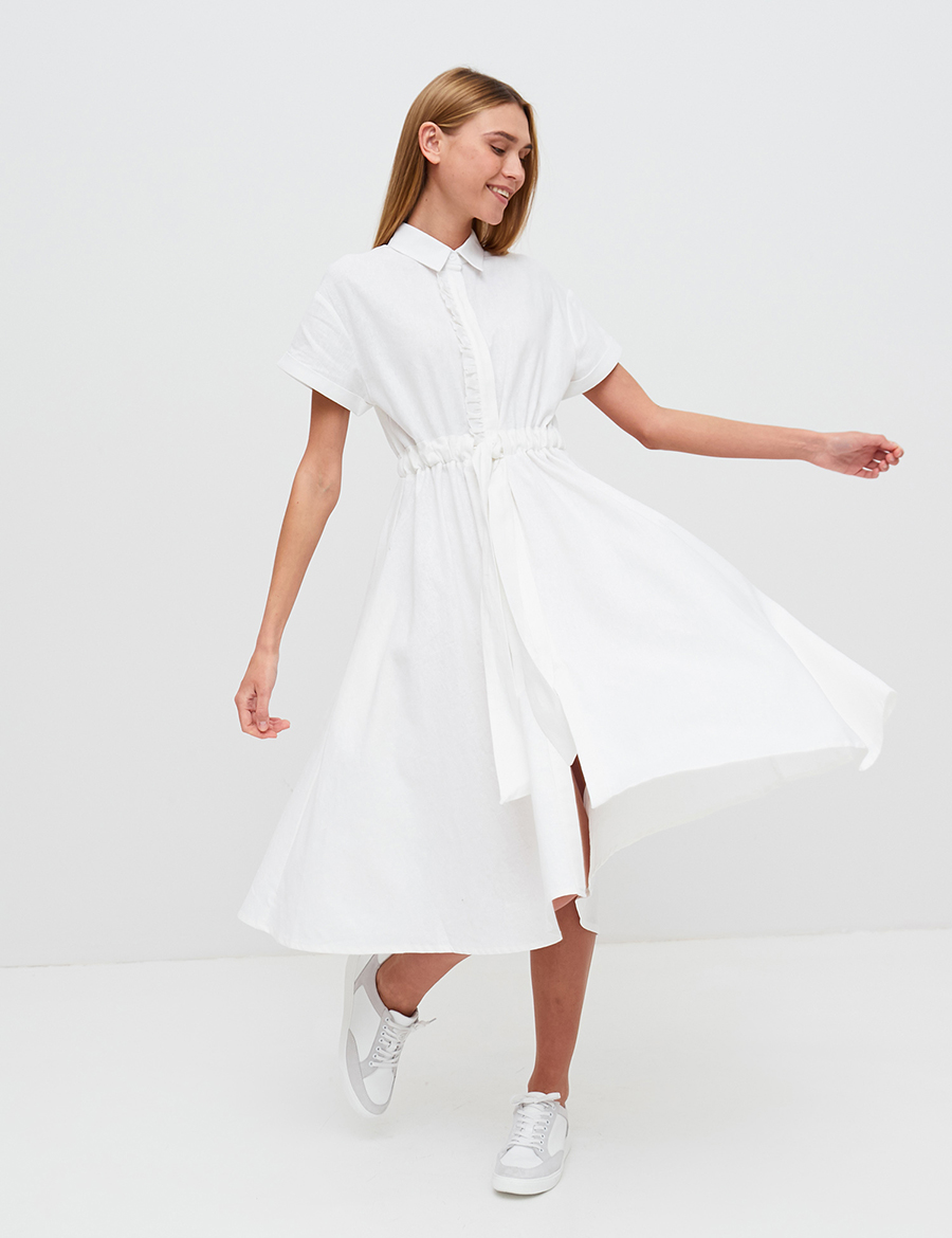 самое модное платье летнее из льна льняное лето 2021 платье-рубашка белое